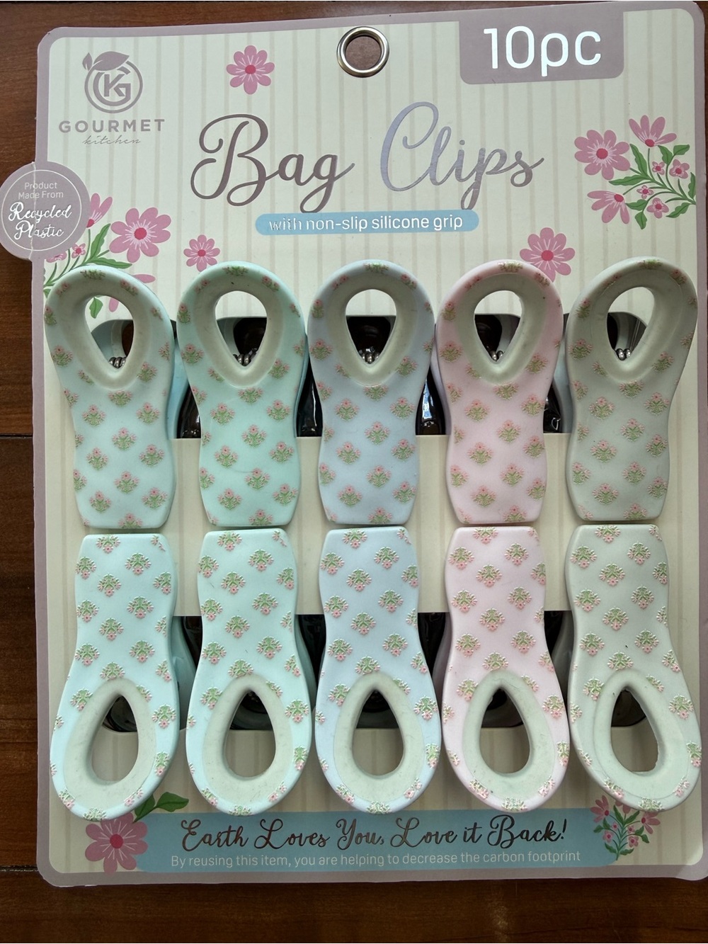 Gourmet Kitchen Floral Bag Clips - Pastel Mint & Pink (10 pc) NIP